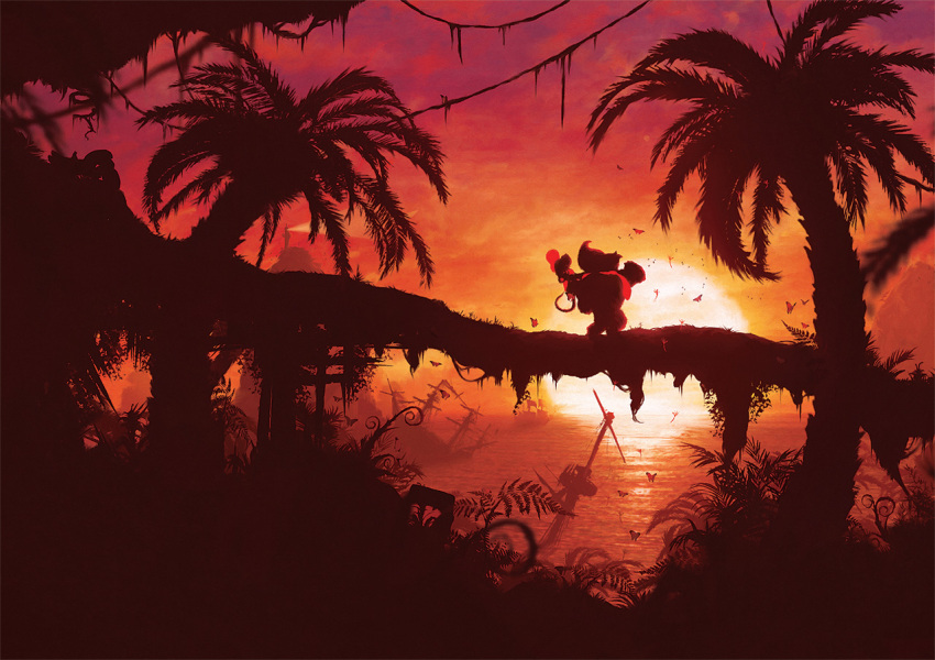 2boys baseball_cap bug butterfly butterfly_wings diddy_kong donkey_kong donkey_kong_(series) donkey_kong_country_returns gorilla hat insect insect_wings monkey_tail multiple_boys necktie nintendo orioto outdoors paid_reward_available palm_tree plant red_necktie scenery shipwreck silhouette sunset tail tree vines wings