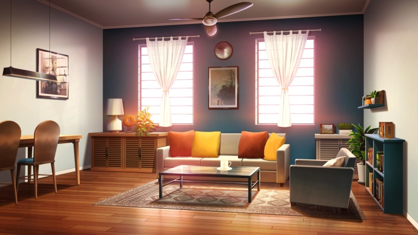 analog_clock bookshelf ceiling_fan ceiling_light chair clock couch cup curtains desk_lamp glass_table glowing highres indoors lamp living_room no_humans non-web_source official_art our_life:_beginnings_and_always photo_(object) pillow plant potted_plant rug scenery shelf sunset table variant_set window wooden_chair wooden_floor wooden_table
