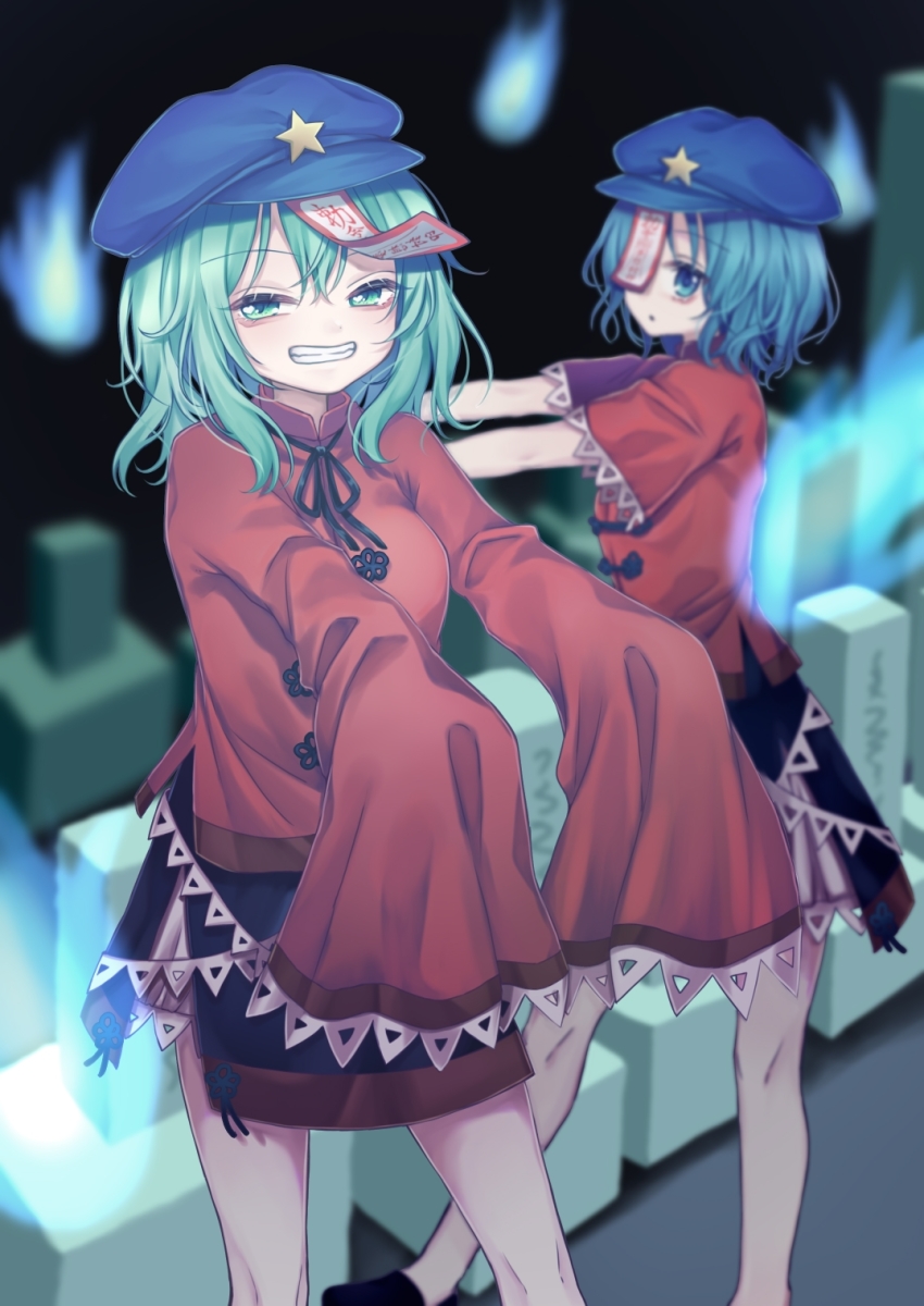 2girls :o black_footwear black_ribbon black_skirt blue_hair blue_headwear blurry blurry_background breasts commentary_request cosplay cowboy_shot foot_out_of_frame green_eyes green_hair half-closed_eyes halloween highres hitodama komeiji_koishi long_sleeves looking_at_another looking_at_viewer medium_breasts medium_hair miyako_yoshika miyako_yoshika_(cosplay) multiple_girls neck_ribbon ofuda outstretched_arms red_shirt ribbon rnkgmn shirt short_hair skirt sleeves_past_wrists small_breasts standing star_(symbol) thighs tombstone touhou zombie_pose