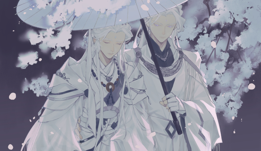 2boys beads cherry_blossoms chinese_clothes chinese_commentary closed_eyes closed_mouth colored_eyelashes falling_petals fingerless_gloves flower gloves half_updo hanfu highres holding holding_umbrella jewelry jinguang_budaixi liuhe_shanshi long_hair long_sleeves male_focus multiple_boys necklace oil-paper_umbrella petals purple_eyes robe shared_umbrella shixue_tianzi short_hair snowing tassel tree umbrella upper_body white_eyelashes white_gloves white_hair white_hanfu white_robe white_theme white_umbrella wide_sleeves yaoi zhao_yi