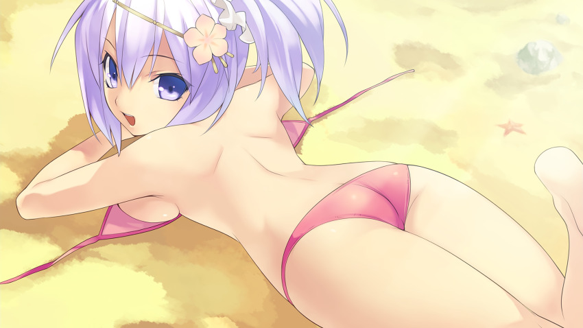 1girl agarest_senki_(series) agarest_senki_mariage ass bandeau bare_shoulders barefoot beach bikini breast_press breasts butt_crack day game_cg hair_ornament highres hirano_katsuyuki leg_up looking_at_viewer looking_back lying medium_breasts non-web_source official_art on_ground on_stomach outdoors paninya_(agarest_senki) photoshop_(medium) purple_eyes purple_hair red_bikini sand side_ponytail sideboob smile solo swimsuit