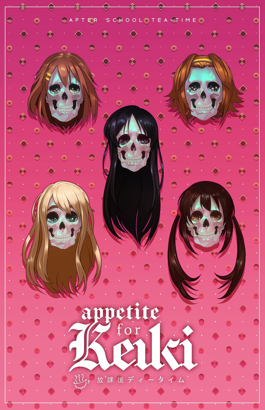 5girls absurdres akiyama_mio appetite_for_destruction black_hair blonde_hair brown_hair english_text eye_socket guns_n&#039;_roses hair_ornament hairband hairclip head highres hirasawa_yui ho-kago_tea_time k-on! kotobuki_tsumugi light_brown_hair long_hair multiple_girls nakano_azusa parody pink_background short_hair skull tainaka_ritsu thick_eyebrows translation_request twintails voodoothur