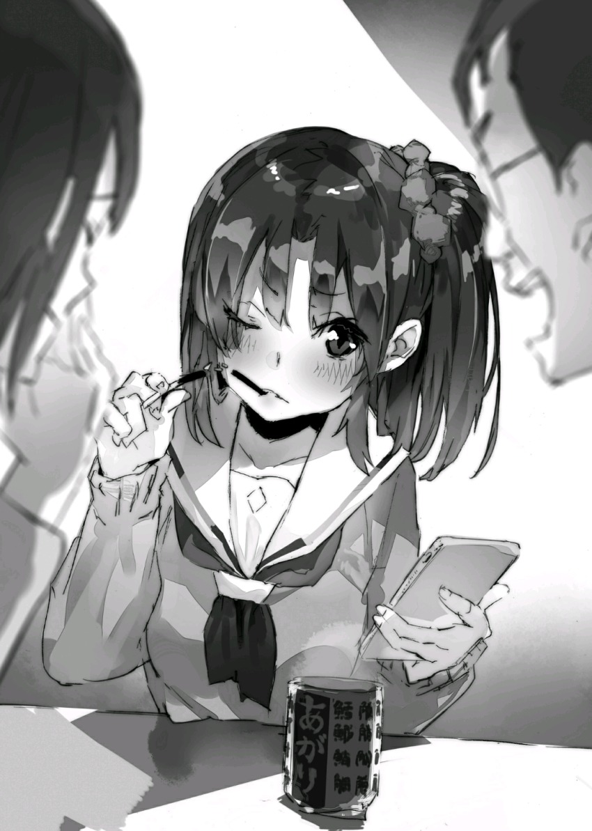 10s bow bowtie cardigan cellphone food greyscale highres monochrome outbreak_company phone pocky school_uniform short_hair side_ponytail smartphone yuugen