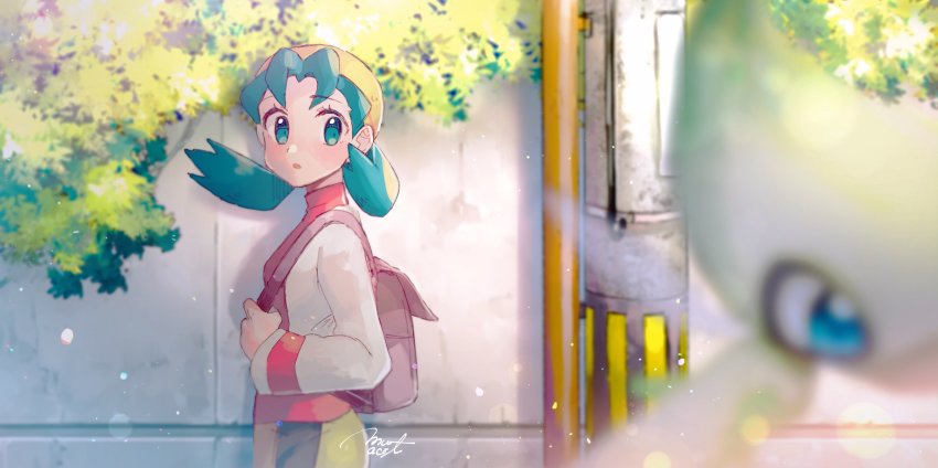 1girl absurdres backpack bad_id bad_pixiv_id bag bike_shorts blue_eyes blue_hair blurry bokeh celebi day depth_of_field from_side gen_2_pokemon hanenbo hat highres kris_(pokemon) legendary_pokemon mythical_pokemon nintendo outdoors plant pokemon pokemon_(creature) pokemon_gsc spiked_hair twintails