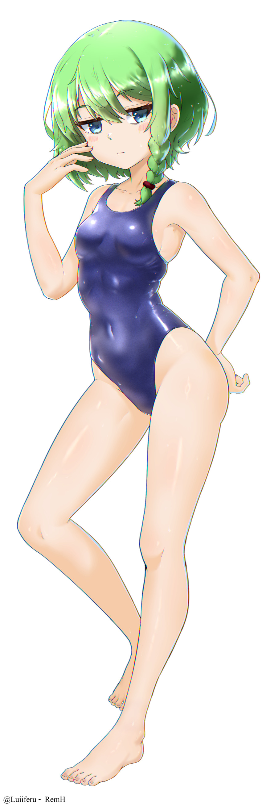 1girl absurdres barefoot blue_one-piece_swimsuit braid breasts covered_navel full_body green_eyes highres looking_at_viewer luiiferdev one-piece_swimsuit original school_swimsuit short_hair simple_background single_braid small_breasts solo standing swimsuit transparent_background wet wet_hair white_background