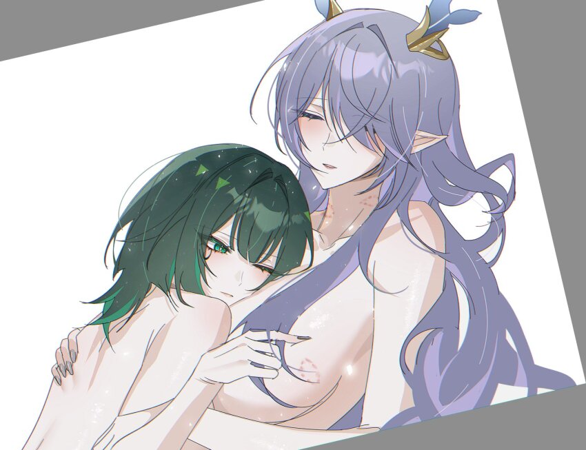 2girls aftersex antlers art_program_in_frame back bite_mark bite_mark_on_breast bite_mark_on_neck black_nails blush bored breasts bright_pupils closed_eyes closed_mouth commentary deer_antlers deer_girl expressionless facial_mark fingernails genshin_impact green_eyes green_hair hair_over_one_eye head_on_chest holding_another&#039;s_hair horns large_breasts lauma_(genshin_impact) long_fingernails long_hair looking_to_the_side lying lying_on_person mark_under_eye median_furrow medium_hair multiple_girls nail_polish nefer_(genshin_impact) nude on_back on_stomach parted_lips pointy_ears purple_hair seol_(baconontheclock) simple_background u_u white_background white_pupils yuri