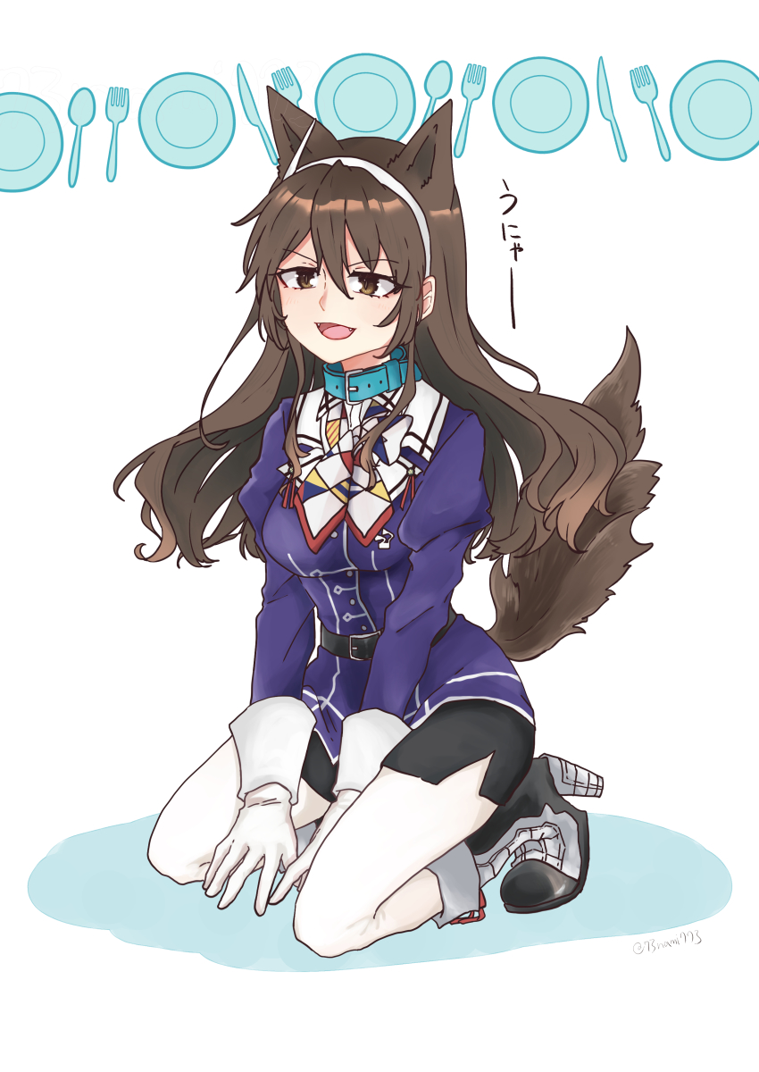 1girl absurdres animal_ears ascot ashigara_(kancolle) ashigara_kai_ni_(kancolle) breasts brown_eyes brown_hair gloves hairband highres kantai_collection long_hair medium_breasts military military_uniform nami_nami_(belphegor-5812) pantyhose solo tail wavy_hair white_gloves white_hairband white_pantyhose wolf_ears wolf_girl wolf_tail