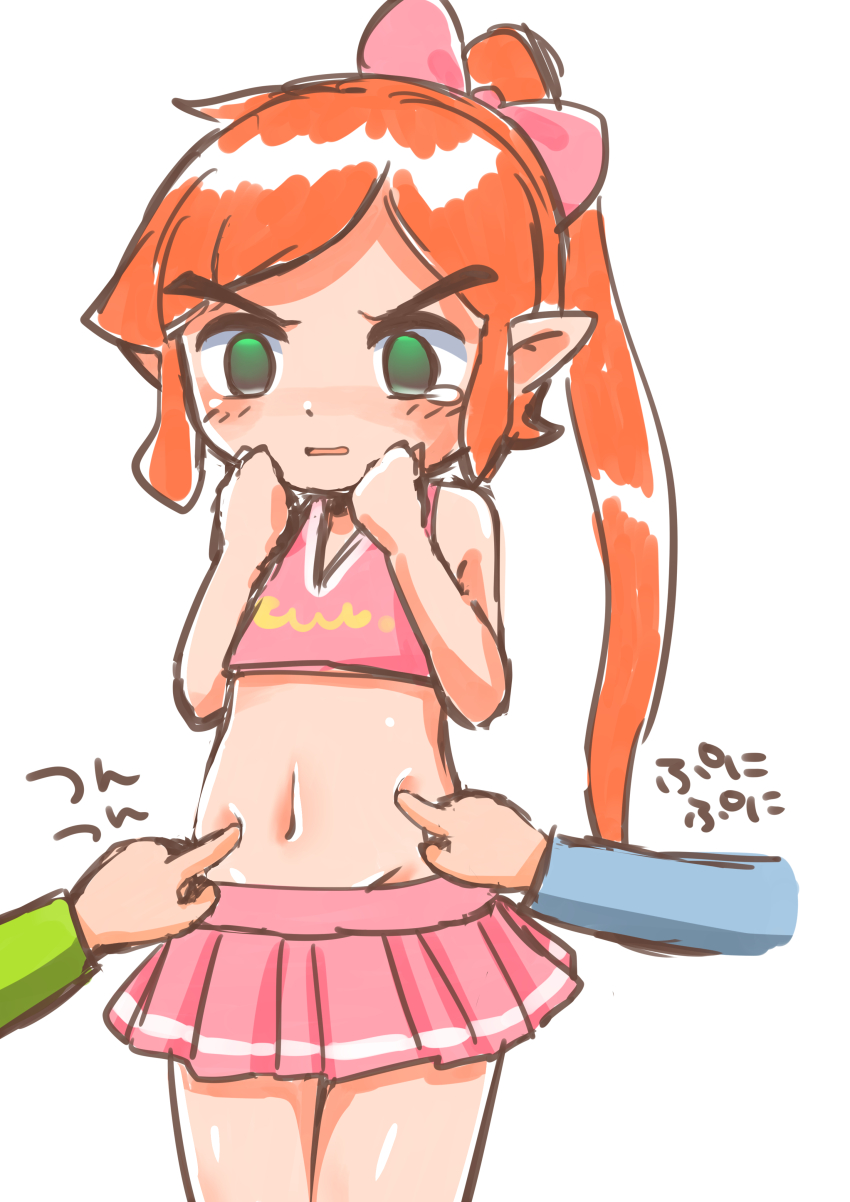1boy absurdres bow cheerleader cheerleader_link crop_top crossdressing disembodied_hand green_eyes hair_bow highres link long_hair male_focus midriff navel nintendo official_alternate_costume open_mouth papapaimon pink_bow pink_skirt pleated_skirt pointy_ears poking ponytail red_hair sidelocks simple_background sketch skirt sleeveless solo_focus standing stomach the_legend_of_zelda the_legend_of_zelda:_tri_force_heroes toon_link trap v-neck v-shaped_eyebrows white_background