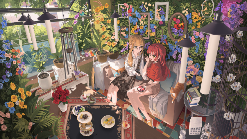 2girls absurdres blonde_hair brown_skirt cage cake candy commentary_request copyright_request couch dress eating floral_background flower food fork fruit garden glasses green_eyes greenhouse highres holding holding_food holding_fork lantern long_hair miniskirt multiple_girls on_couch open_mouth open_window pinafore_dress plaid_clothes plaid_dress plaid_skirt plant potted_plant red_flower red_hair red_rose red_shirt rose rui_(rei_leyi) scenery shirt sitting skirt sleeveless sleeveless_dress tile_floor tiles white_shirt wind wind_chime window yellow_eyes