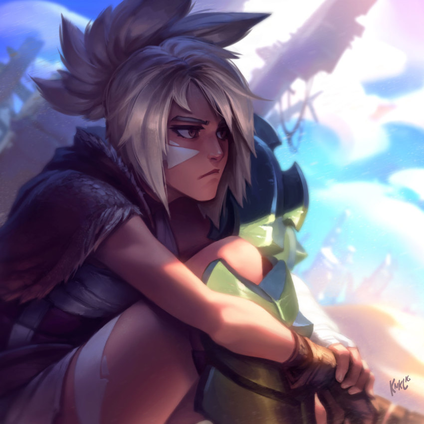 1girl :&lt; artist_name brown_hair closed_mouth day facepaint female_focus from_side highres hugging_own_legs kienan_lafferty league_of_legends nose outdoors riven_(league_of_legends) short_hair silver_hair sitting solo spiked_hair