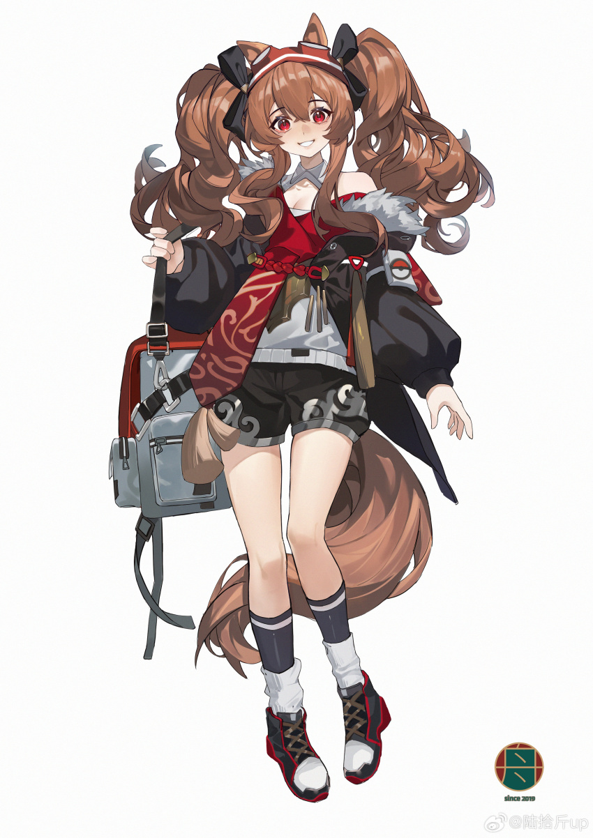 1girl absurdres alternate_costume angelina_(arknights) animal_ears arknights bag black_jacket black_shorts black_socks breasts brown_hair cleavage fox_ears fox_girl fox_tail full_body fur-trimmed_jacket fur_trim hair_between_eyes highres jacket layered_legwear long_hair long_sleeves looking_at_viewer lushi_jin_up off_shoulder open_clothes open_jacket red_eyes red_scarf scarf shirt shorts shoulder_bag small_breasts smile socks solo standing tachi-e tail twintails watermark weibo_watermark white_shirt white_socks