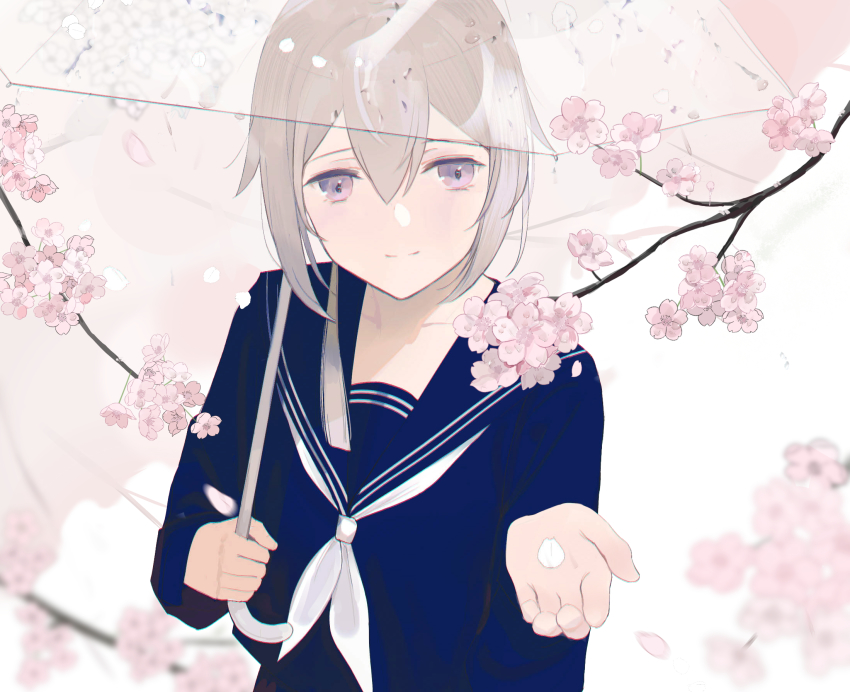 1girl alternate_costume bad_id bad_pixiv_id blue_serafuku cherry_blossoms chilli_646 closed_mouth girls&#039;_frontline highres looking_at_viewer m200_(girls&#039;_frontline) medium_hair petals platinum_blonde_hair purple_eyes school_uniform serafuku simple_background smile solo upper_body