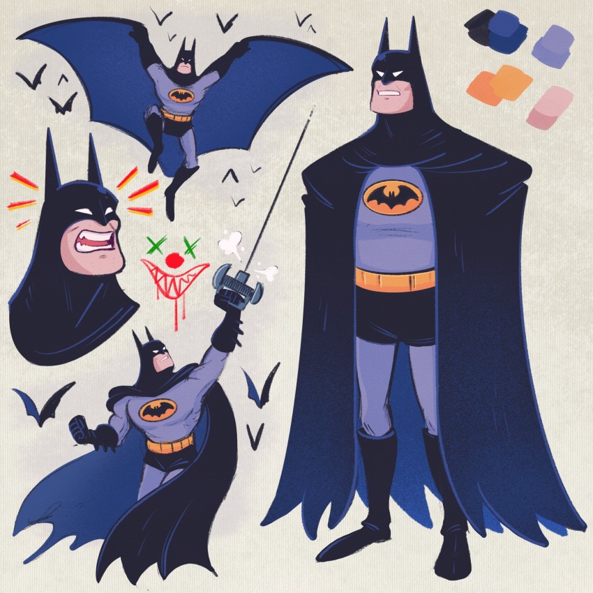 1boy alarmed bat_(animal) batman batman_(series) batman_symbol belt black_cape black_gloves bodysuit cape color_guide commentary cowl dc_comics english_commentary gloves grey_bodysuit highres male_focus mask mostlyghostly multiple_views muscular muscular_male simple_background superhero_costume two-tone_bodysuit utility_belt