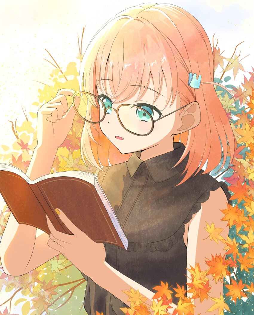 1girl absurdres adjusting_eyewear aqua_eyes armpit_crease autumn_leaves black_shirt blush book brown-framed_eyewear collared_shirt commentary crossed_bangs frilled_shirt frills glasses hair_ornament highres hinoshita_kaho hinoshita_kaho_(ishikawa_prefectural_library) holding holding_book leaf leaf_background link!_like!_love_live! love_live! maple_leaf medium_hair morio_(mmorio_mu) official_alternate_costume open_book open_mouth orange_hair rabbit_hair_ornament reading shirt sleeveless sleeveless_shirt solo two_side_up upper_body virtual_youtuber white_background