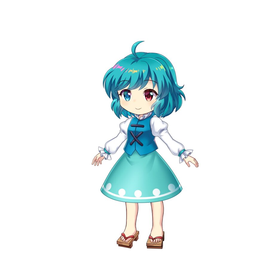 1girl a-pose blue_eyes blue_hair blue_skirt blue_vest brown_sandals chibi full_body geta heterochromia highres juliet_sleeves karakasa_obake long_sleeves puffy_sleeves red_eyes rotte_(1109) sandals shirt short_hair simple_background skirt solo sprite tatara_kogasa touhou touhou_lostword umbrella vest white_background white_shirt