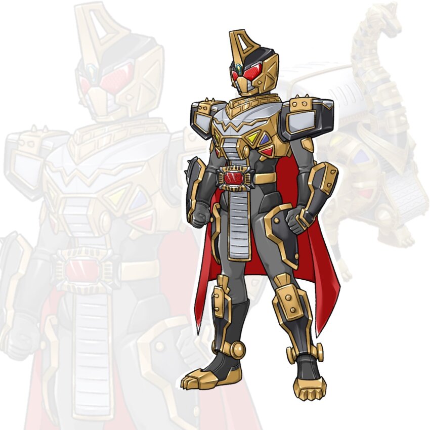 1boy armor bakuryuu_brachiosaurus bakuryuu_sentai_abaranger black_bodysuit black_helmet bodysuit cape clenched_hands full_body helmet highres kamen_rider red_cape red_eyes super_sentai to_ze tokusatsu