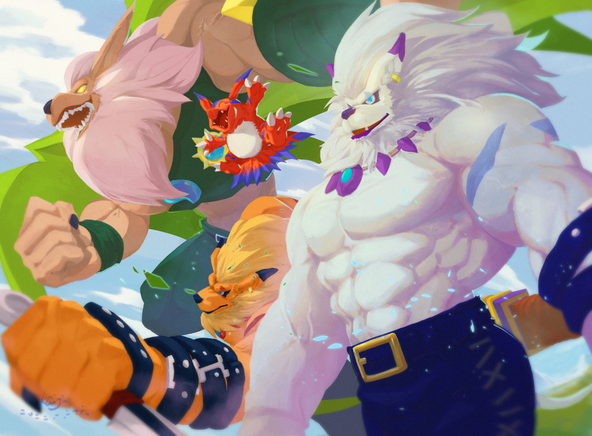 belt blue_eyes digimon elecmon happy highres knife leomon lion panjyamon regulumon wings yellow_eyes