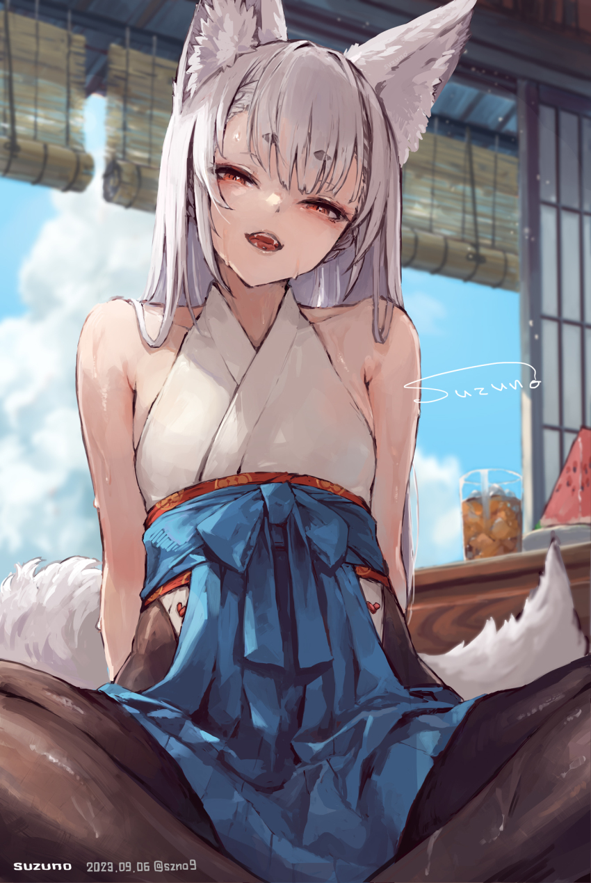 1girl animal_ear_fluff animal_ears architecture arms_behind_back bare_shoulders blue_hakama blue_sky breasts brown_pantyhose cloud cloudy_sky cup drink east_asian_architecture fangs food fox_ears fox_girl fox_tail fruit hakama hakama_short_skirt hakama_skirt half-closed_eyes highres ice indian_style japanese_clothes kimono long_hair looking_at_viewer open_mouth original pantyhose piercing plate red_eyes short_eyebrows shouji signature sitting skirt sky sleeveless sleeveless_kimono sliding_doors small_breasts solo suzuno_(bookshelf) sweat table tail thick_eyebrows tongue_piercing twitter_username watermelon white_hair
