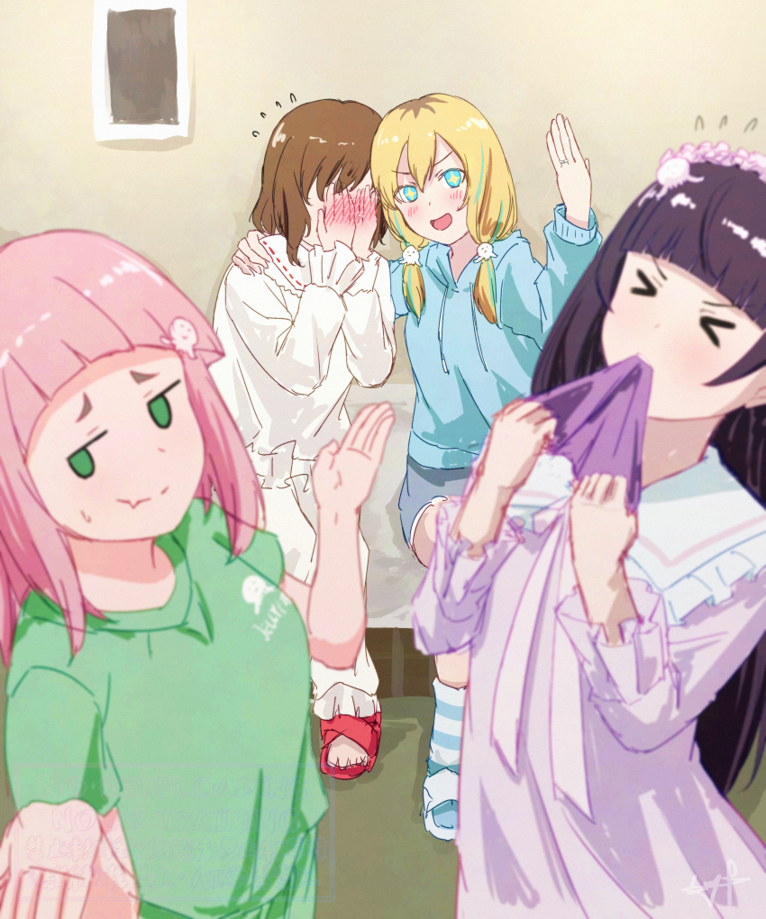 &gt;_&lt; 4girls absurdres arched_bangs blonde_hair blue_hoodie brown_hair commentary dress english_commentary green_eyes green_shirt hands_up highres hood hood_down hoodie jellyfish_hair_ornament jitome kouzuki_mahiru long_hair low_twintails multicolored_hair multiple_girls mutsuki_(mutsuki0110) pajamas pink_dress pink_hair purple_hair roots_(hair) shirt short_hair shrugging star-shaped_pupils star_(symbol) streaked_hair sweatdrop symbol-shaped_pupils takanashi_kim_anouk_mei twintails watase_kiui white_shirt yamanouchi_kano yoru_no_kurage_wa_oyogenai