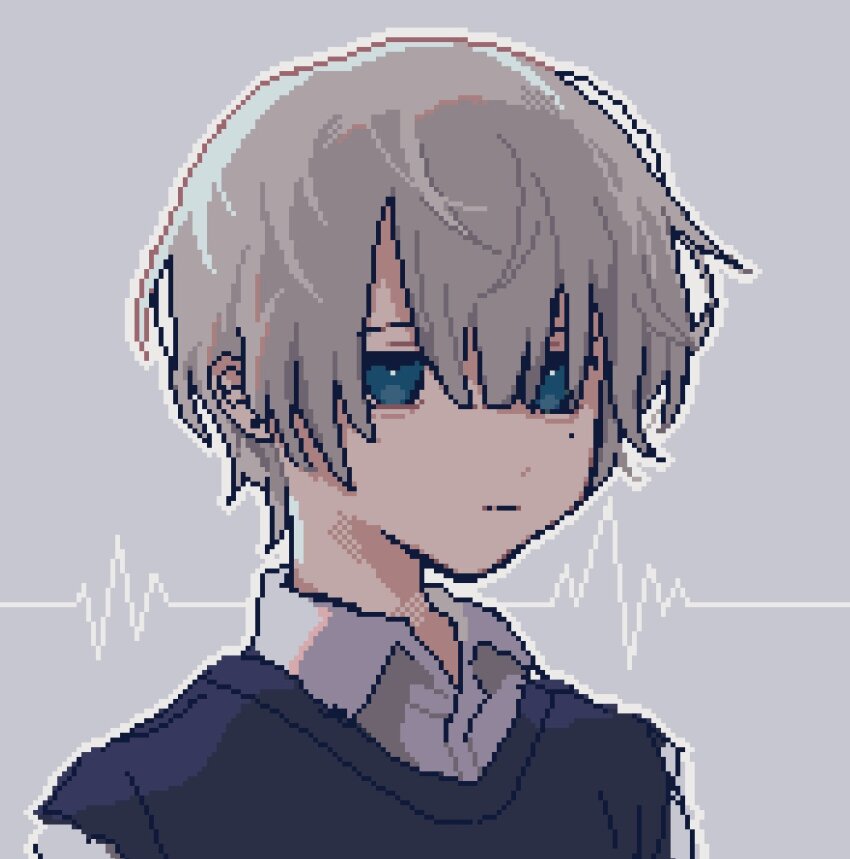 1boy asleep_onthebed blue_eyes blue_vest blunt_bangs cardiogram collared_shirt double-parted_bangs grey_background highres male_focus original outline pixel_art shirt solo upper_body vest white_hair white_outline white_shirt