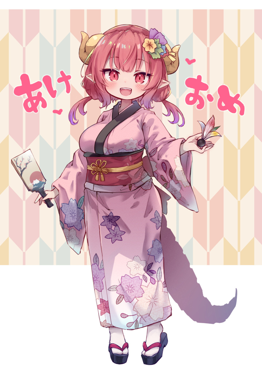 1girl alternate_costume breasts dragon_girl dragon_horns dragon_tail floral_print flower full_body gradient_hair hagoita hair_flower hair_ornament hane_(hanetsuki) highres holding horns ilulu_(maidragon) japanese_clothes kimono kobayashi-san_chi_no_maidragon kolshica large_breasts long_hair looking_at_viewer multicolored_hair new_year obi paddle pink_hair pink_kimono pointy_ears red_eyes red_hair sash short_twintails shortstack slit_pupils smile socks solo standing tail twintails white_socks wide_sleeves