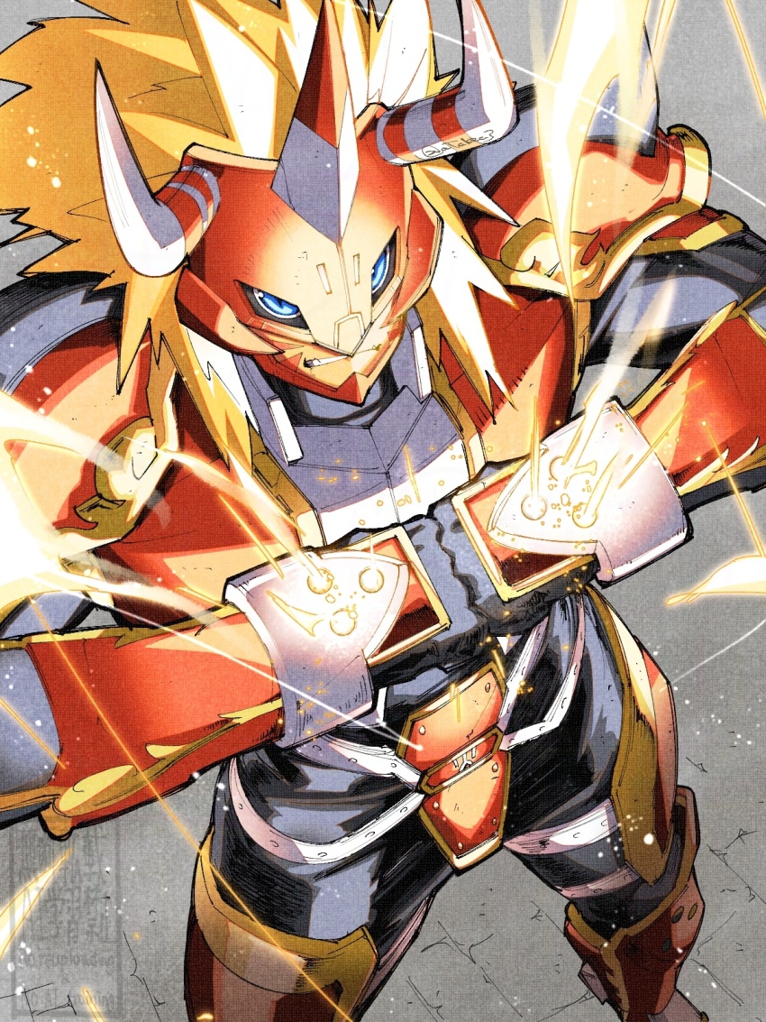 1boy agnimon armor black_bodysuit blonde_hair bodysuit clenched_hands cowboy_shot digimon digimon_(creature) fang fire grey_background highres horns long_hair red_armor red_mask simple_background solo spiked_hair takeuchi_(a3)