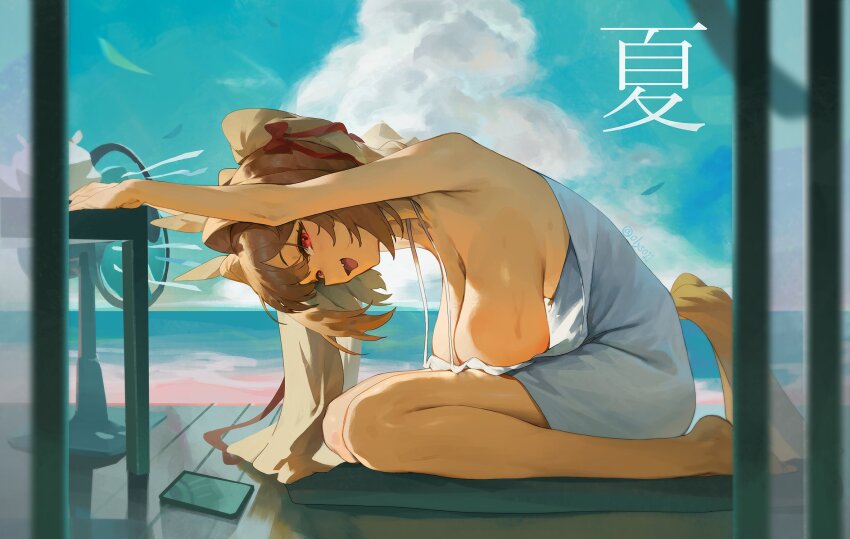 1girl alternate_costume animal_ears barefoot beach blue_sky breasts brown_hair cellphone cloud commentary daiwa_scarlet_(umamusume) dress electric_fan fang full_body hair_intakes highres horse_ears horse_girl horse_tail large-billed_crow looking_at_viewer ocean olys open_mouth outdoors phone red_eyes sagging_breasts sitting skin_fang sky smartphone smile solo symbol-only_commentary tail twintails umamusume wariza white_dress
