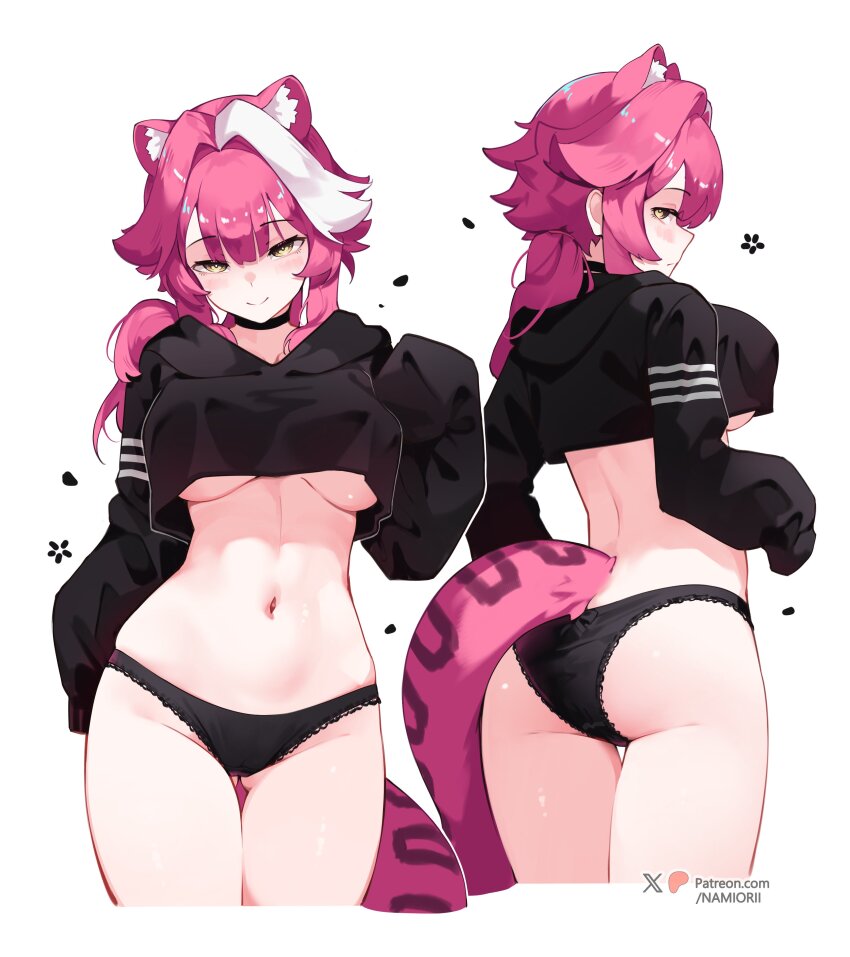 1girl absurdres animal_ears ass black_choker black_hoodie black_panties breasts cat_ears cat_girl cat_tail center-flap_bangs choker closed_mouth cropped_hoodie cropped_legs gluteal_fold highres hololive hololive_english hood hoodie large_breasts long_hair long_sleeves looking_at_viewer multicolored_hair multiple_views namiorii navel no_pants panther_ears panther_girl panther_tail panties patreon_username pink_hair raora_panthera simple_background smile stomach streaked_hair tail thighs twitter_username underboob underwear virtual_youtuber white_background white_hair yellow_eyes