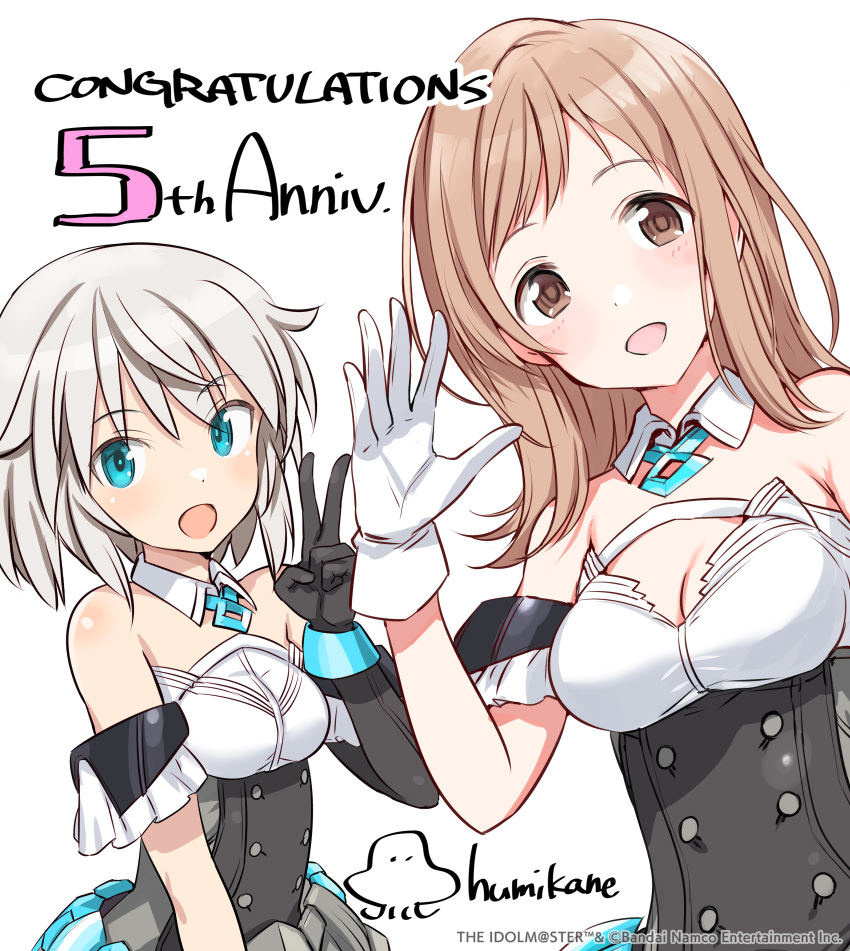 2girls 30_minutes_sisters absurdres aqua_eyes bandai bare_shoulders black_gloves brown_eyes brown_hair commentary_request detached_collar gloves grey_hair highres idolmaster idolmaster_shiny_colors long_hair looking_at_viewer multiple_girls official_art open_mouth rishetta_(30ms) sakuragi_mano shimada_fumikane short_hair white_background white_gloves