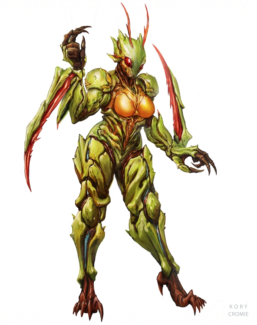 1girl antennae arm_blade armor artist_name biomechanical biopunk breasts carapace claws full_body highres kory_cromie medium_breasts original power_armor science_fiction solo standing weapon white_background
