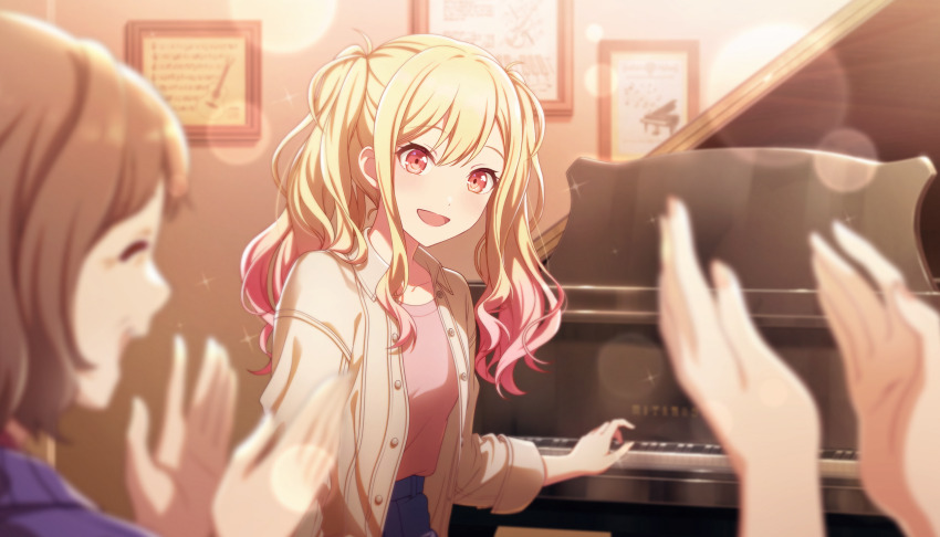 2girls ^_^ blonde_hair brown_hair certificate clapping closed_eyes collarbone collared_shirt colorful_palette denim gradient_hair grand_piano happy_enjoy_music!_(project_sekai) highres instrument jeans lens_flare heavy_lens_flare long_hair looking_at_another looking_at_viewer multicolored_hair multiple_girls official_art open_clothes open_mouth open_shirt pants piano piano_keys picture_frame pink_eyes pink_hair pink_shirt project_sekai purple_shirt shirt sidelocks smile sparkle swept_bangs tenma_saki third-party_source twintails yellow_shirt