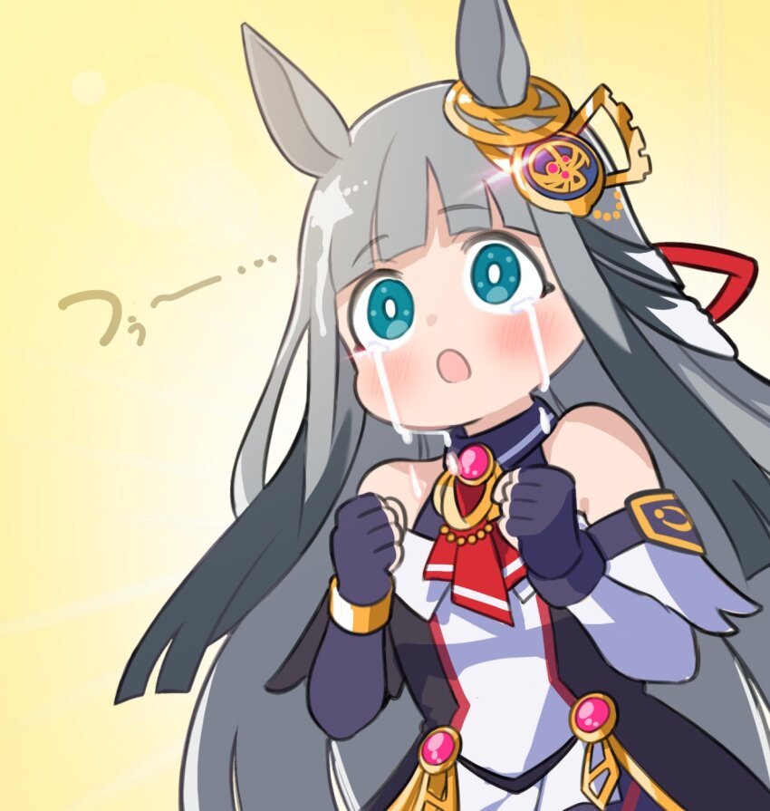 1girl animal_ears blunt_bangs blush blush_stickers breasts chrono_genesis_(umamusume) clenched_hands commentary_request crying crying_with_eyes_open grey_hair hair_ornament highres horse_ears horse_girl looking_at_viewer open_mouth simple_background small_breasts solo sweatdrop tears umamusume yokoji_(kodai2015)