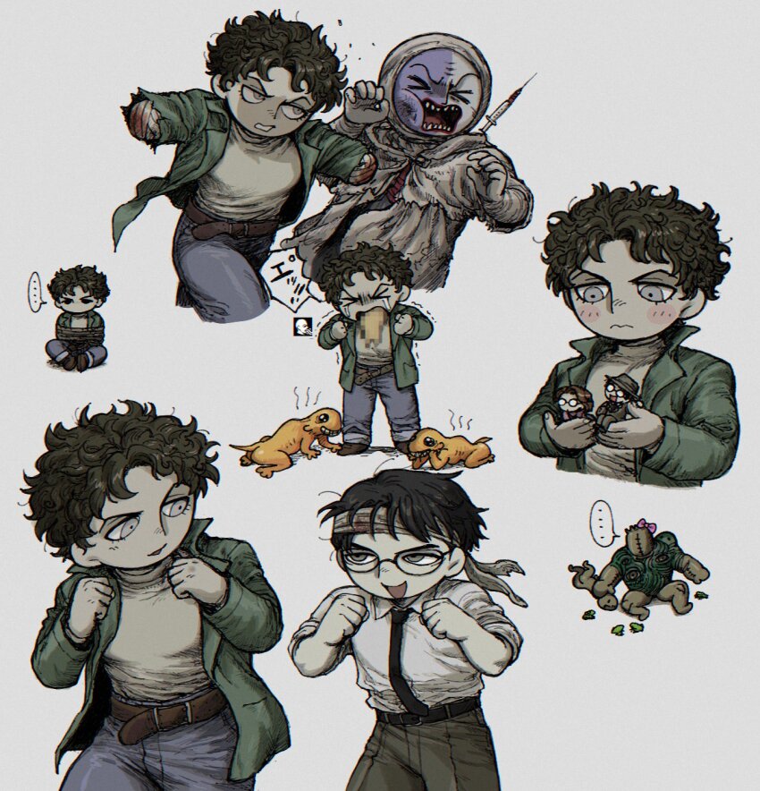 ... 1girl 3boys amputee armless_amputee belt black_hair black_necktie blush bound brown_belt brown_pants collared_shirt commentary_request deformed double_amputee fear_&amp;_hunger_(series) fear_&amp;_hunger_2:_termina fighting_stance gameplay_mechanics giant_(fear_&amp;_hunger) green_jacket grey_background headband highres holding holding_mini_person jacket male_focus marcoh_(fear_&amp;_hunger) mini_person miniboy minigirl monster multiple_boys multiple_views necktie needles_(fear_&amp;_hunger) olivia_(fear_&amp;_hunger) open_clothes open_jacket open_mouth pants punching purple_pants shirt short_hair simple_background sitting sm2_hokke spoken_ellipsis status_effect syringe tanaka_(fear_&amp;_hunger) teeth vomiting white_headband white_shirt