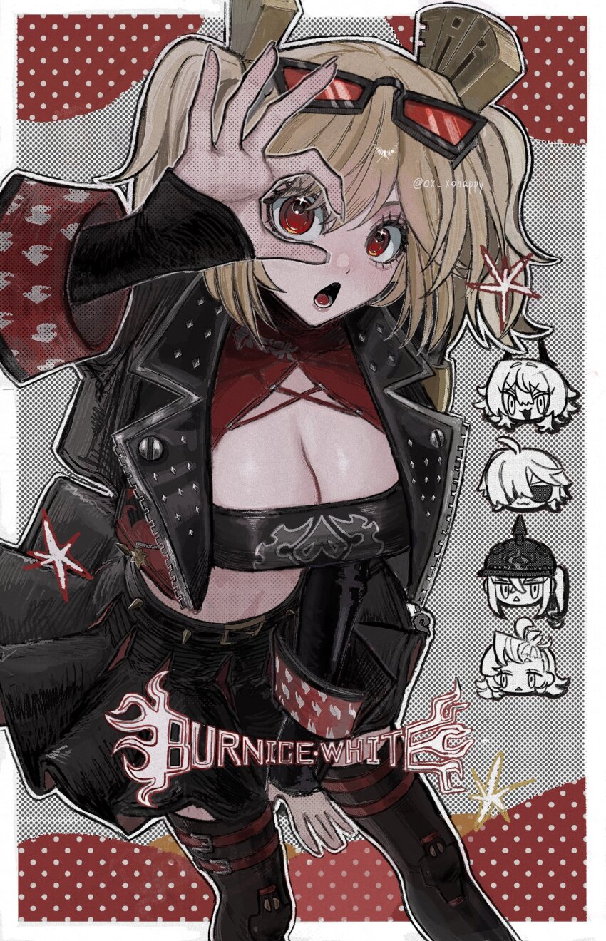 1boy 4girls black_jacket black_skirt black_thighhighs black_tube_top blonde_hair breasts burnice_white caesar_king_(zenless_zone_zero) cleavage crop_top eyewear_on_head highres jacket large_breasts lighter_(zenless_zone_zero) luciana_de_montefio medium_hair multiple_girls ok_sign ok_sign_over_eye open_mouth ox_xohappy piper_wheel red-tinted_eyewear red_eyes skirt spiked_jacket strapless thighhighs tinted_eyewear tube_top twintails zenless_zone_zero