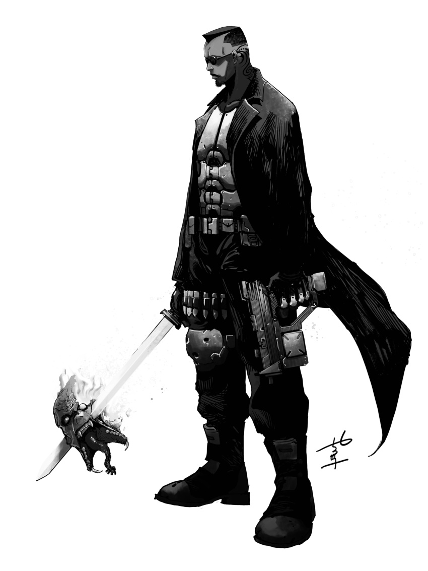 absurdres black_coat blade_(marvel) blade_(series) boots coat dhampir flattop glasses gun highres holding holding_gun holding_sword holding_weapon katana knee_armor manabu_yashiro marvel monochrome short_hair simple_background sword trench_coat undead vampire weapon white_background