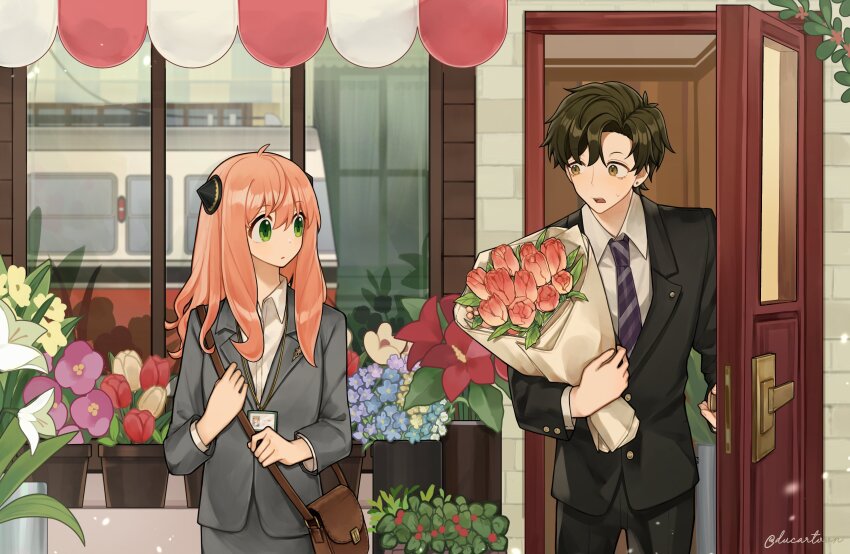 1boy 1girl absurdres anya_(spy_x_family) bag black_hair black_suit bouquet commentary cowboy_shot damian_desmond ducartoon flower formal_clothes green_eyes grey_suit hairpods highres holding holding_bouquet long_hair necktie pink_hair purple_necktie satchel short_hair spy_x_family suit