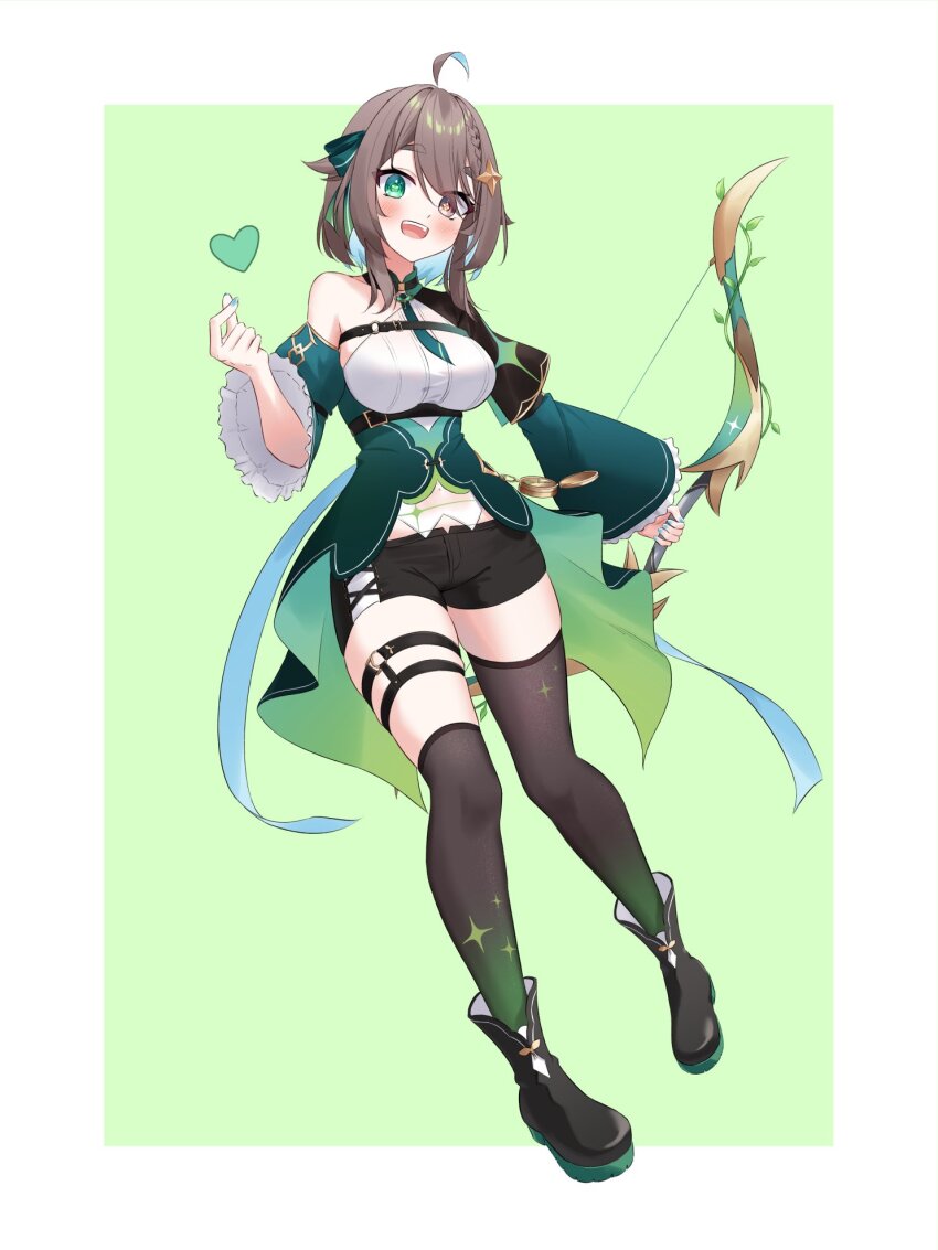 :d ahoge asymmetrical_legwear black_capelet black_choker black_footwear black_shorts black_thighhighs blue_hair blue_nails blush border bow bow_(weapon) bowtie braid breasts brown_eyes brown_hair capelet chest_belt choker colored_inner_hair commentary compass cross-laced_clothes cross-laced_shorts cross-shaped_pupils detached_sleeves dress eyes_visible_through_hair finger_heart frilled_sleeves frills gradient_legwear green_background green_bow green_bowtie green_dress green_eyes green_thighhighs hair_bow hair_flaps hair_ornament hair_over_one_eye half_capelet heart heterochromia highres indie_virtual_youtuber juliet_sleeves large_breasts long_sleeves looking_at_viewer medium_hair meica_(vtuber) meica_(vtuber)_(1st_costume) mismatched_pupils multicolored_hair o-ring o-ring_thigh_strap open_mouth outside_border over-kneehighs pendant_choker pmasterm puffy_sleeves shirt short_shorts shorts single-shoulder_shirt single_bare_shoulder single_braid single_over-kneehigh single_thighhigh sleeveless sleeveless_shirt smile spanish_commentary sparkle_print sprout-shaped_pupils sprout_pendant star_(symbol) star_hair_ornament symbol-shaped_pupils thigh_strap thighhighs two-tone_hair underbust uneven_legwear virtual_youtuber weapon white_border white_shirt