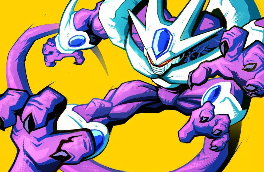 1boy alien armor biceps clenched_hands colored_skin cooler_(dragon_ball) dragon_ball dragonball_z glowing glowing_eyes highres horns kevin_shah kicking muscular no_humans purple_skin red_eyes tail yellow_background