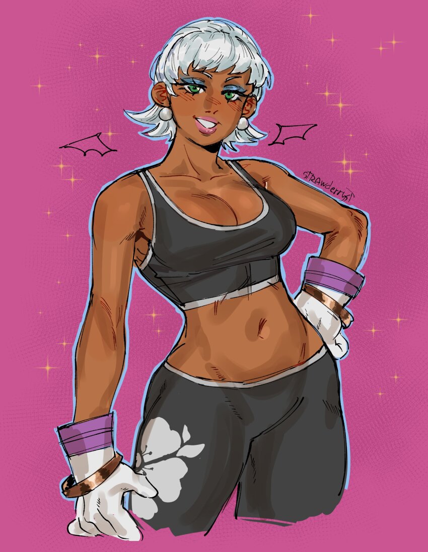 1girl absurdres bat_wings blue_eyeshadow breasts cleavage dark_skin eyeshadow gloves green_eyes highres humanization large_breasts makeup midriff rouge_the_bat simple_background smile sonic_(series) sonic_riders_(series) sports_bra strawderryst white_gloves white_hair wings