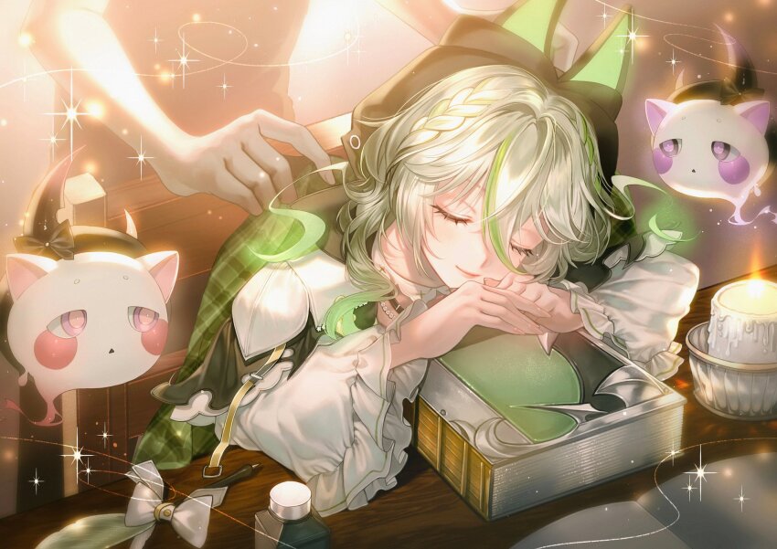 1girl alias_anono blush_stickers book bow braid candle chair closed_eyes closed_mouth eyelashes ghost_girl green_hair grey_hair hair_between_eyes highres jewelry lips multicolored_hair necklace pearl_necklace second-party_source sleeping streaked_hair suzuri_suzuna table v4mirai white_bow
