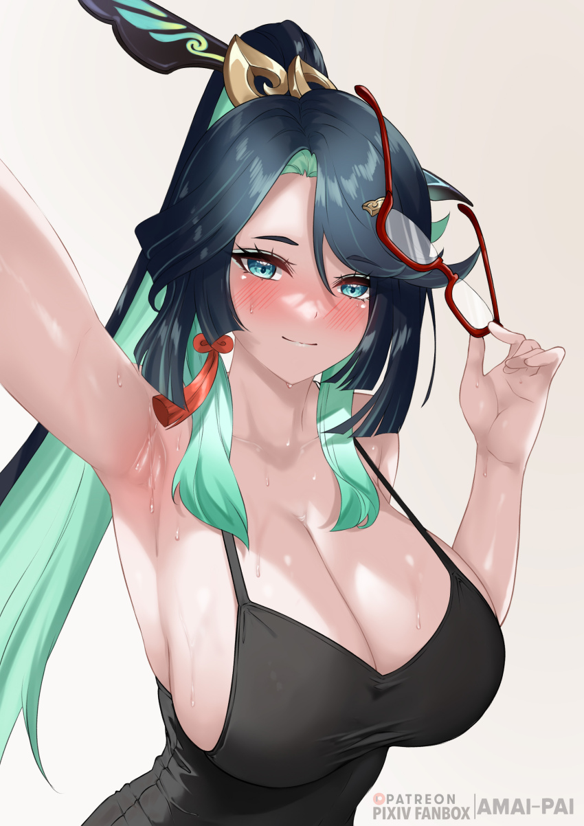 1girl absurdres amai-pai armpits black_hair black_tank_top blue_eyes breasts cleavage closed_mouth cloud_retainer_(genshin_impact) fanbox_username genshin_impact green_hair hair_ornament high_ponytail highres holding holding_removed_eyewear large_breasts long_hair looking_at_viewer multicolored_hair patreon_username ponytail red-framed_eyewear selfie simple_background sleeveless smile sweat tank_top two-tone_hair unworn_eyewear upper_body xianyun_(genshin_impact)