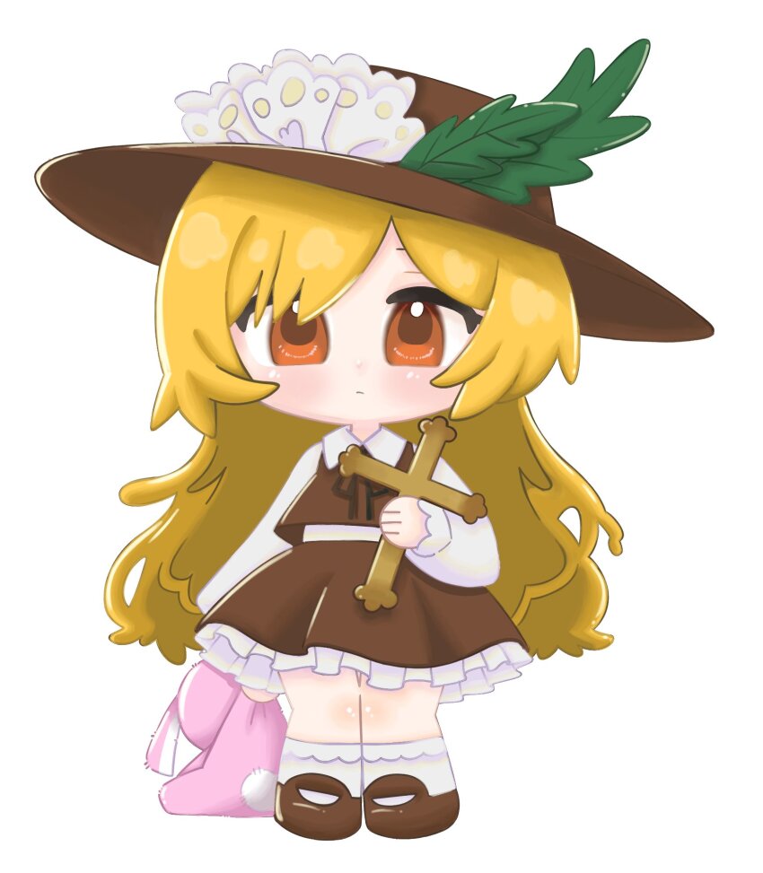 1girl black_ribbon blonde_hair bobby_socks brown_hat brown_shoes brown_skirt brown_vest chibi collared_shirt commentary_request cross dolls_in_pseudo_paradise expressionless feathers frilled_hat frilled_skirt frills green_feathers hat hat_feather highres hmr_rk holding holding_cross jacket_girl_(dipp) long_hair long_sleeves mary_janes neck_ribbon orange_eyes ribbon shirt shoes simple_background skirt socks solo standing touhou very_long_hair vest white_background white_socks