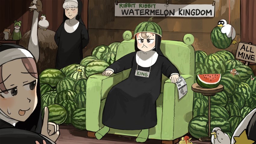 5girls :&lt; :p baby_animal banner bird brown_eyes brown_hair bunny_nun_(diva) chicken closed_eyes commentary couch curtains diva_(hyxpk) duck duckling earthworm english_commentary eye_mask food food_on_head freckles frog frog_headband froggy_nun_(diva) fruit green_socks grey_hair habit highres hungry_nun_(diva) index_finger_raised little_nuns_(diva) mole_(animal) multiple_girls nun object_on_head odd_one_out ostrich rabbit_ornament red_hair sheep_nun_(diva) sign sign_around_neck slice_of_life smile socks star_nun_(diva) star_ornament stuffed_animal stuffed_frog stuffed_toy surprised sweatdrop theft thief tongue tongue_out traditional_nun watermelon watermelon_slice