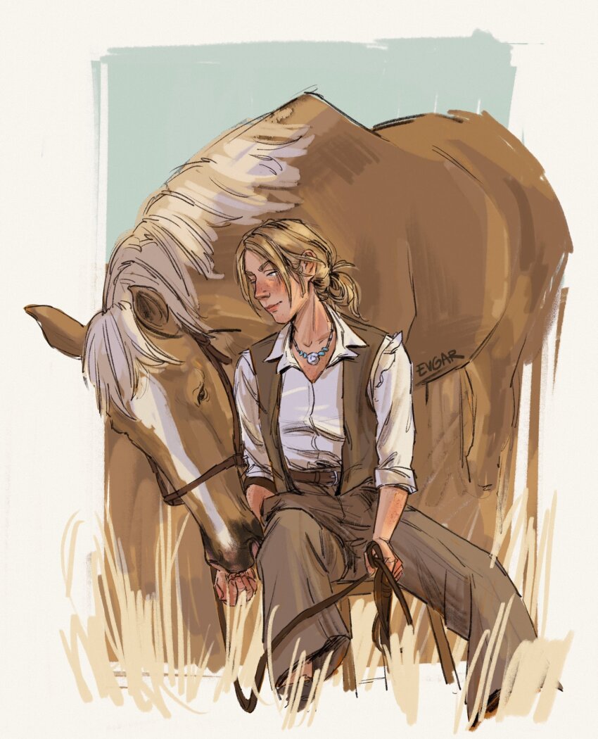 1girl belt blonde_hair blue_eyes bonnie_macfarlane brown_jacket brown_pants closed_mouth female_focus highres horse jacket jewelry long_hair necklace open_clothes open_jacket pants ponytail red_dead_redemption_(series) red_dead_redemption_2 shirt simple_background sitting smile white_background white_shirt