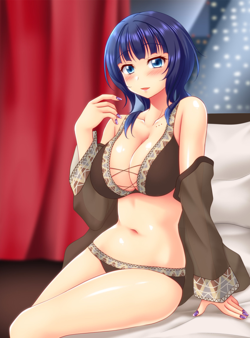 asaka_karin bed bed_sheet bikini blouse blue_eyes blue_hair blush breasts brown_bikini city_lights collarbone curtains hand_up highres large_breasts looking_at_viewer love_live! love_live!_nijigasaki_high_school_idol_club medium_hair mole mole_on_body mole_on_collarbone nail_polish navel night on_bed open_clothes open_shirt pillow purple_nails red_curtains see-through_clothes shirt sitting solo swimsuit utomo window