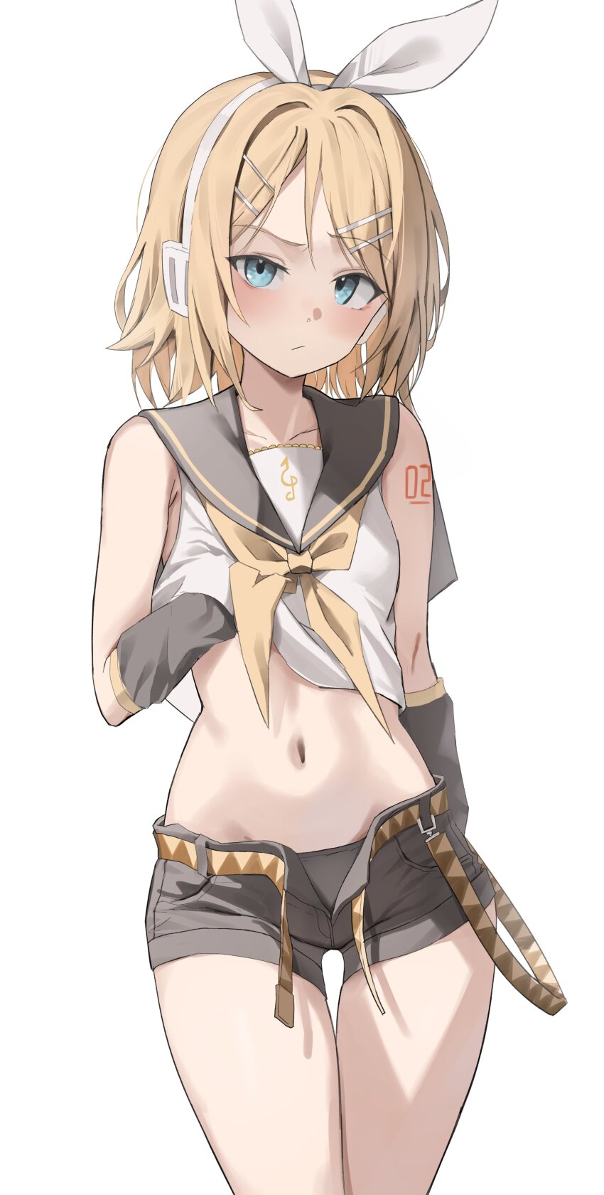 1girl absurdres aqua_eyes arm_warmers bare_shoulders bass_clef black_panties black_shorts blonde_hair blue_eyes blush bow closed_mouth clothes_lift crop_top hair_bow hair_ornament hairclip headphones headset highres kagamine_rin lifting_own_clothes looking_at_viewer navel neckerchief open_clothes open_shorts panties sailor_collar scarlet_(wv0102) shirt shirt_lift short_hair shorts sleeveless sleeveless_shirt solo standing treble_clef underwear vocaloid white_bow yellow_neckerchief