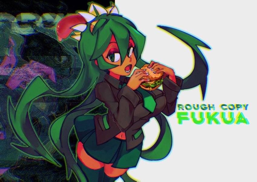 1girl breasts burger character_name dark-skinned_female dark_skin eating eyeshadow female_focus food fukua_(skullgirls) green_eyes green_hair green_lips keep_charge large_breasts lipstick looking_at_viewer makeup navel necktie open_mouth pleated_skirt school_uniform shamone_(skullgirls) sharp_teeth skirt skullgirls solo teeth tongue tongue_out yellow_eyes