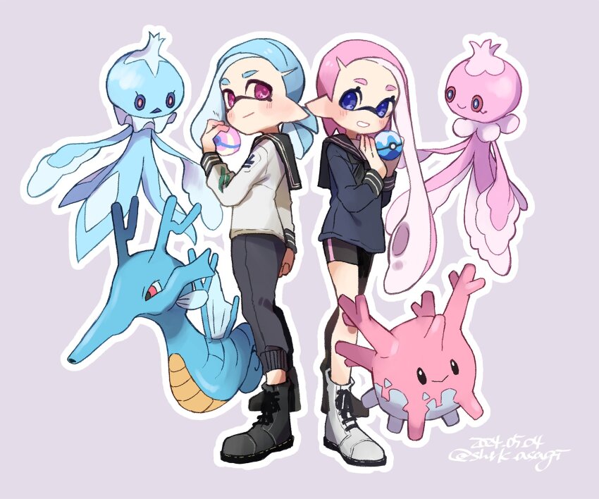 2girls black_footwear black_pants blue_eyes blue_shirt blush corsola frillish frillish_(female) frillish_(male) gen_1_pokemon gen_2_pokemon gen_5_pokemon highres inkling inkling_girl inkling_player_character multiple_girls nintendo pants pokemon pokemon_(creature) red_eyes seadra shirt shrk_asagi signature simple_background splatoon_(series) splatoon_2 suction_cups tentacle_hair white_background white_footwear white_shirt