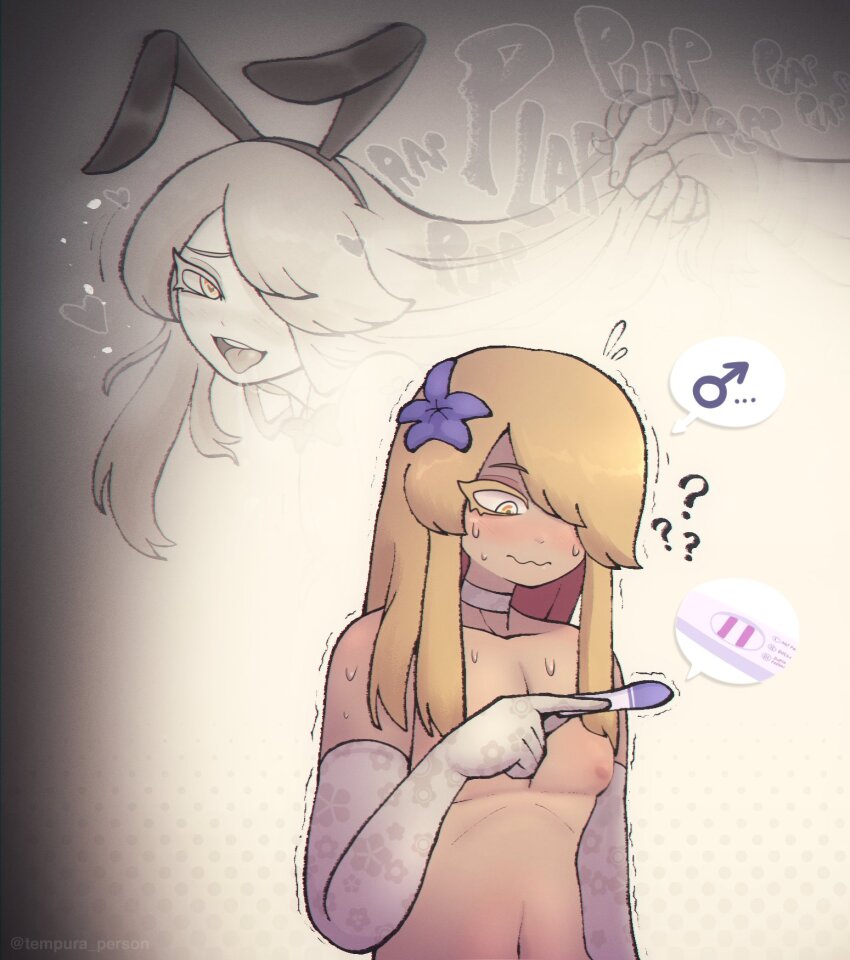 1boy ? animal_ears bare_shoulders blonde_hair blush borrowed_character bow bowtie bridal_gauntlets choker commentary english_commentary english_text flower flying_sweatdrops grabbing_another&#039;s_hair hair_flower hair_ornament hair_over_one_eye heart highres implied_male_pregnancy implied_sex leotard long_hair loving_aura lucien_(basedbinkie) mars_symbol original plap playboy_bunny pregnancy_test rabbit_ears spoken_mars_symbol sweat tempura_person tongue tongue_out trap twitter_username white_bridal_gauntlets white_choker yellow_eyes