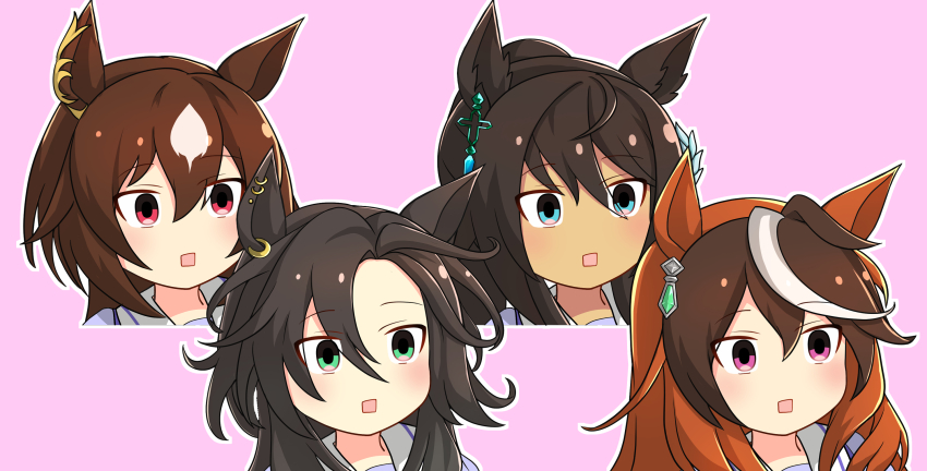 4girls animal_ears blue_eyes brown_hair dark-skinned_female dark_skin earrings gomennasai_nanoda_(meme) green_eyes hair_between_eyes highres horse_ears horse_girl jewelry long_hair meme meso_(zgmf-xv) multicolored_hair multiple_girls open_mouth pink_background red_eyes school_uniform simple_background single_earring sirius_symboli_(umamusume) speed_symboli_(umamusume) streaked_hair symboli_kris_s_(umamusume) symboli_rudolf_(umamusume) tracen_school_uniform umamusume white_hair